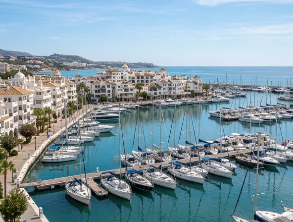 Benalmádena harbor with sailboats and Mediterranean architecture at daytime, coastal town landscape