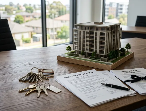 House keys and property documents on table with residential building model, real estate transaction concept
