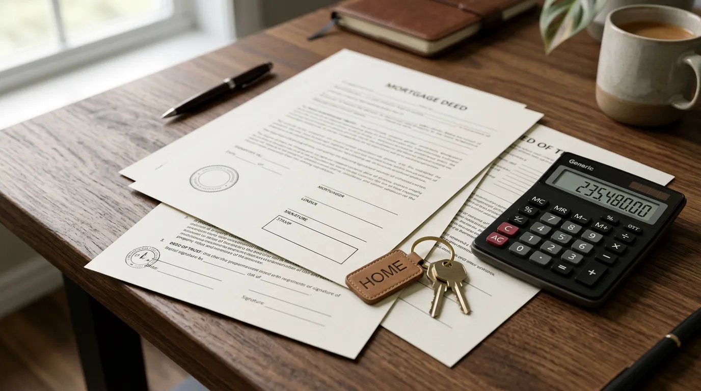 Close-up of mortgage documents and property deed papers on wooden desk with calculator and house keys, financial planning concept