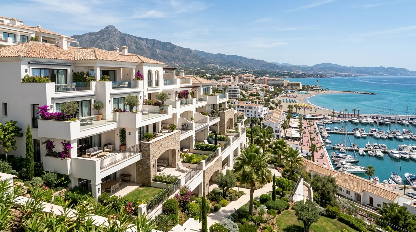 Modern apartment building exterior with Mediterranean architecture overlooking beach and harbor, Costa del Sol coastal development