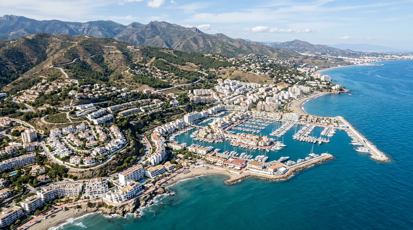 Aerial view of Benalmádena coastline with residential buildings and marinas integrated with Mediterranean landscape, coastal town planning perspective